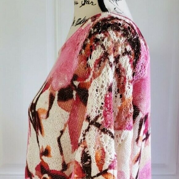 Chicos Pink Floral Cherry Blossom Print Netting Spring Summer Blouse Top Size 2 - Picture 9 of 13